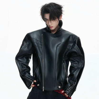 Crocodile Texture Irregular Zipper Short PU Leather Jacket WN23332