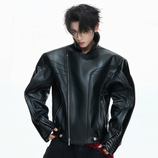 Crocodile Texture Irregular Zipper Short PU Leather Jacket WN23332