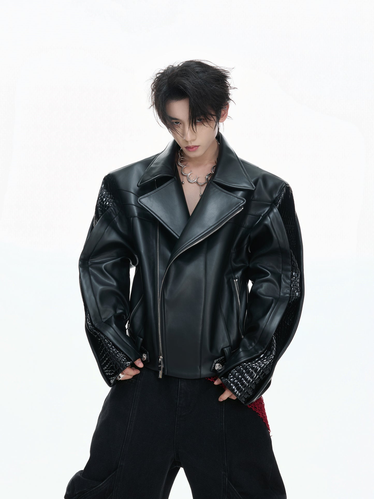 Crocodile Texture Irregular Zipper Short PU Leather Jacket WN23332