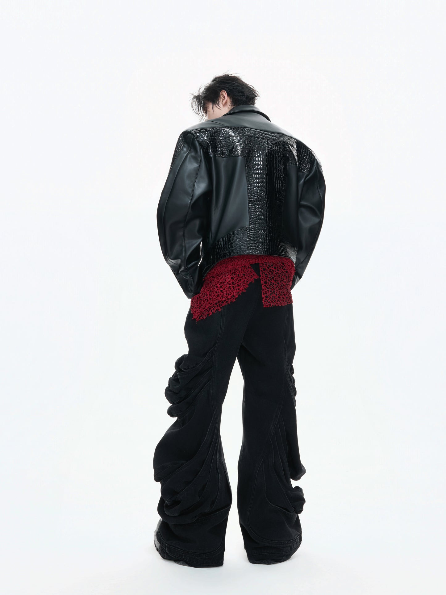 Crocodile Texture Irregular Zipper Short PU Leather Jacket WN23332