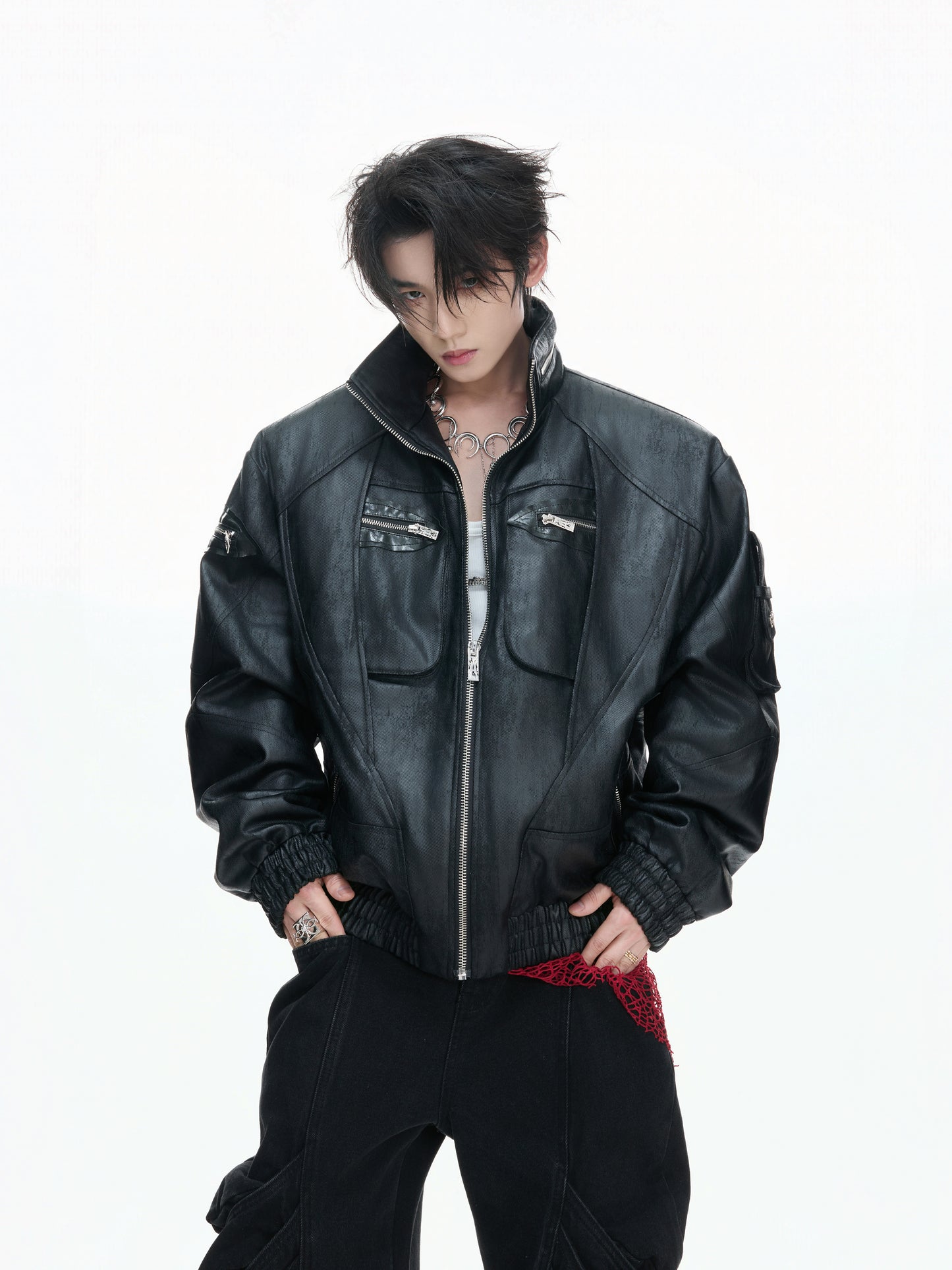 Heavyweight Oil Wax Stand Neck Multi-Zipper PU Leather Jacket WN23333