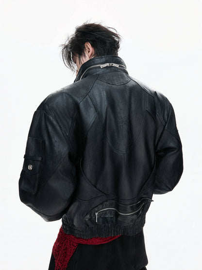 Heavyweight Oil Wax Stand Neck Multi-Zipper PU Leather Jacket WN23333