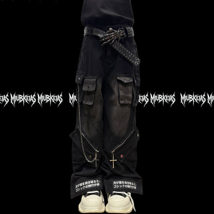Chain Strap Pocket Letter Print Cargo Denim Jeans & Skull Belt & Belt Chain WN23783