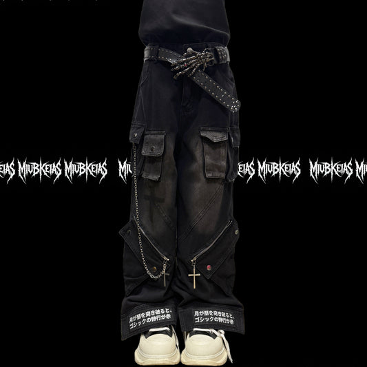 Chain Strap Pocket Letter Print Cargo Denim Jeans & Skull Belt & Belt Chain WN23783