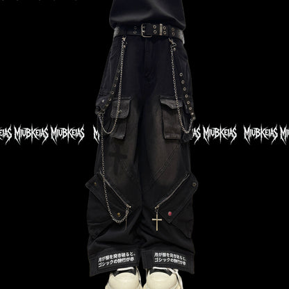 Chain Strap Pocket Letter Print Cargo Denim Jeans & Skull Belt & Belt Chain WN23783