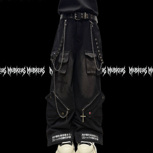 Chain Strap Pocket Letter Print Cargo Denim Jeans & Skull Belt & Belt Chain WN23783