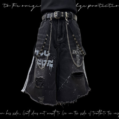 Paint Stripe Damage Denim Half Jeans & Skull Belt & Cross Belt & Belt Chain WN23784