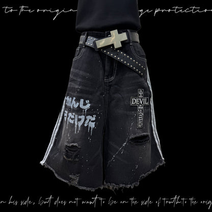 Paint Stripe Damage Denim Half Jeans & Skull Belt & Cross Belt & Belt Chain WN23784