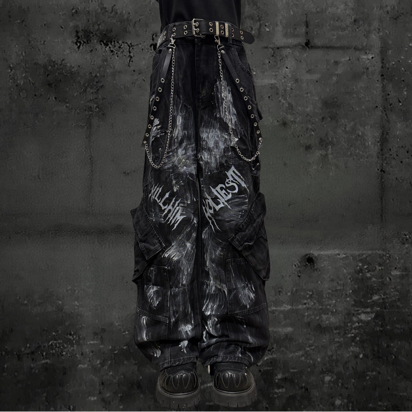 Paint Print Cargo Wide Leg Denim Jeans & Skull Belt & Belt Chain WN23787