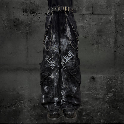 Paint Print Cargo Wide Leg Denim Jeans & Skull Belt & Belt Chain WN23787