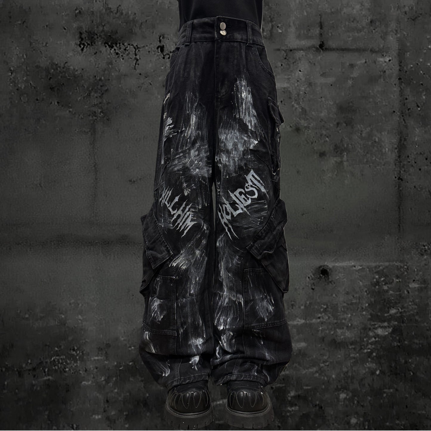 Paint Print Cargo Wide Leg Denim Jeans & Skull Belt & Belt Chain WN23787
