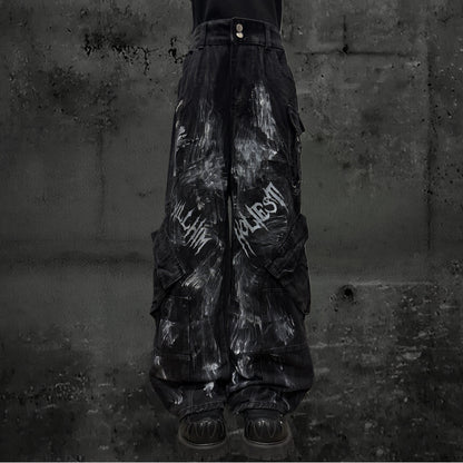 Paint Print Cargo Wide Leg Denim Jeans & Skull Belt & Belt Chain WN23787