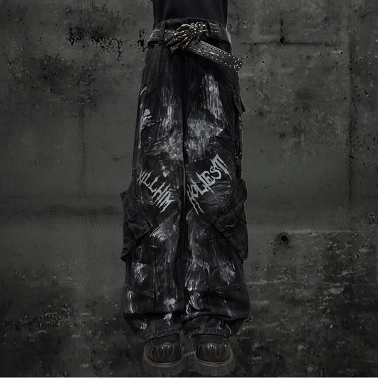Paint Print Cargo Wide Leg Denim Jeans & Skull Belt & Belt Chain WN23787