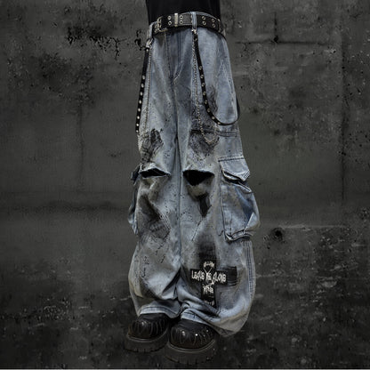 Damage Paint Cargo Wide Leg Denim Jeans & Skull Belt & Belt Chain WN23788
