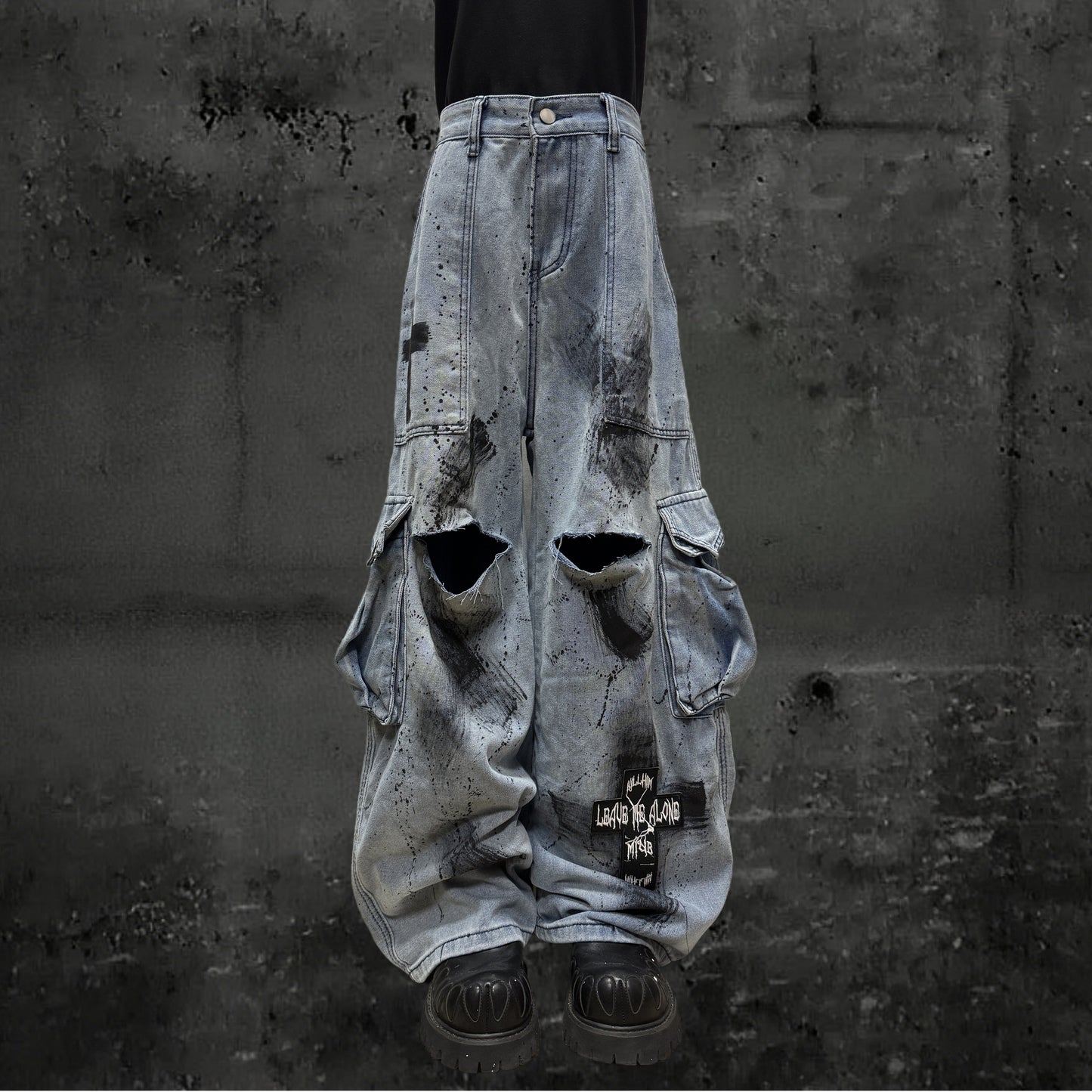 Damage Paint Cargo Wide Leg Denim Jeans & Skull Belt & Belt Chain WN23788