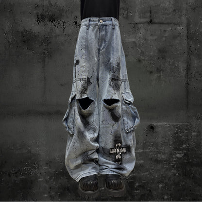 Damage Paint Cargo Wide Leg Denim Jeans & Skull Belt & Belt Chain WN23788