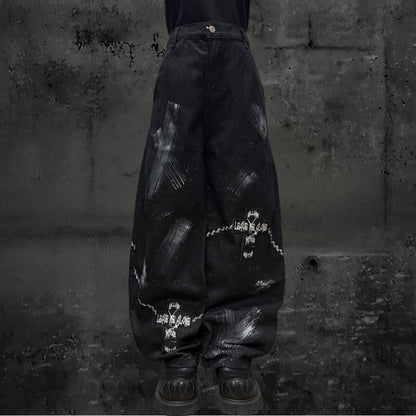 Paint Print Wide Leg Denim Jeans & Bandana Waist Panel & Skull Belt & Belt Chain WN23793