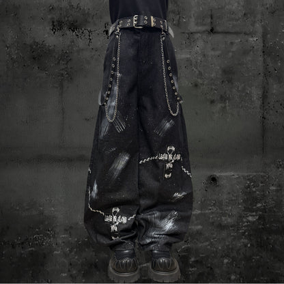 Paint Print Wide Leg Denim Jeans & Bandana Waist Panel & Skull Belt & Belt Chain WN23793