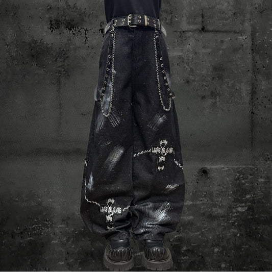 Paint Print Wide Leg Denim Jeans & Bandana Waist Panel & Skull Belt & Belt Chain WN23793