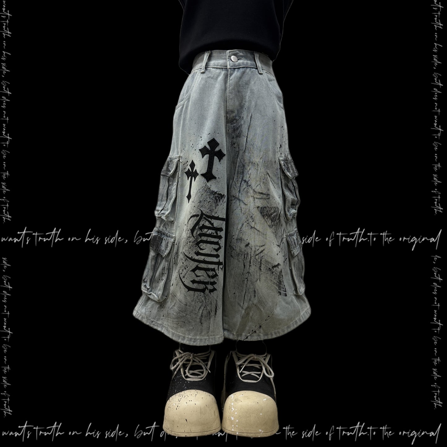 Cross Print Cargo Wide Leg Cropped Denim Jeans & Skull Belt & Cross Belt & Belt Chain WN23794