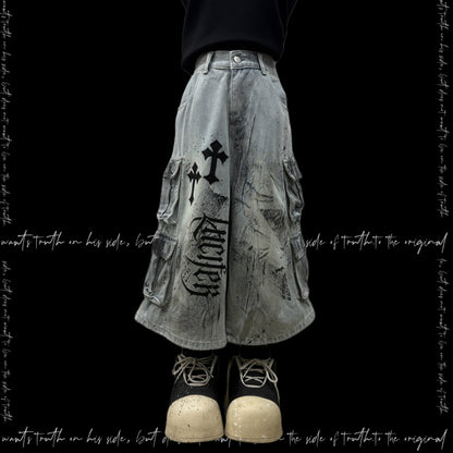 Cross Print Cargo Wide Leg Cropped Denim Jeans & Skull Belt & Cross Belt & Belt Chain WN23794