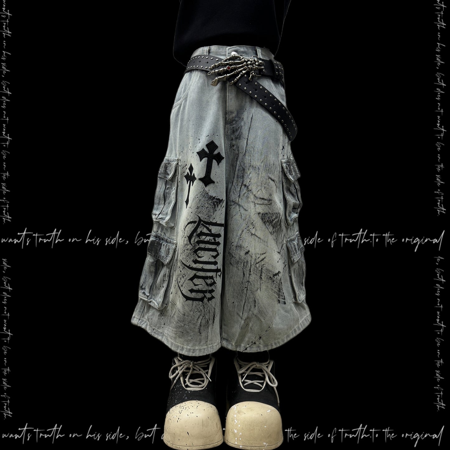 Cross Print Cargo Wide Leg Cropped Denim Jeans & Skull Belt & Cross Belt & Belt Chain WN23794