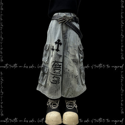 Cross Print Cargo Wide Leg Cropped Denim Jeans & Skull Belt & Cross Belt & Belt Chain WN23794