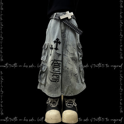 Cross Print Cargo Wide Leg Cropped Denim Jeans & Skull Belt & Cross Belt & Belt Chain WN23794