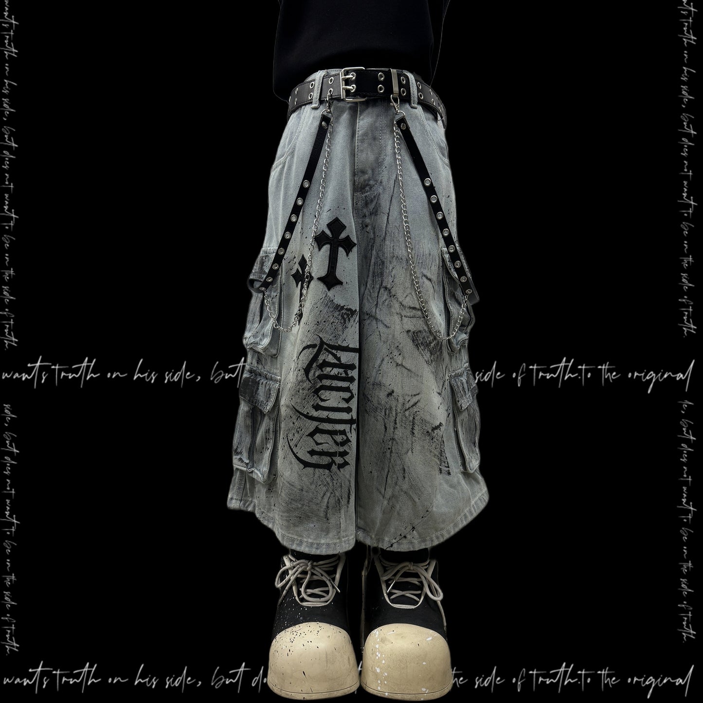 Cross Print Cargo Wide Leg Cropped Denim Jeans & Skull Belt & Cross Belt & Belt Chain WN23794