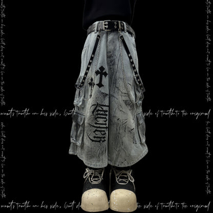 Cross Print Cargo Wide Leg Cropped Denim Jeans & Skull Belt & Cross Belt & Belt Chain WN23794