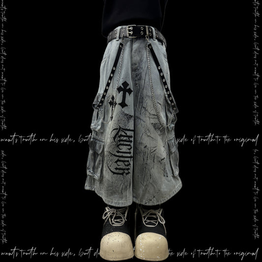 Cross Print Cargo Wide Leg Cropped Denim Jeans & Skull Belt & Cross Belt & Belt Chain WN23794
