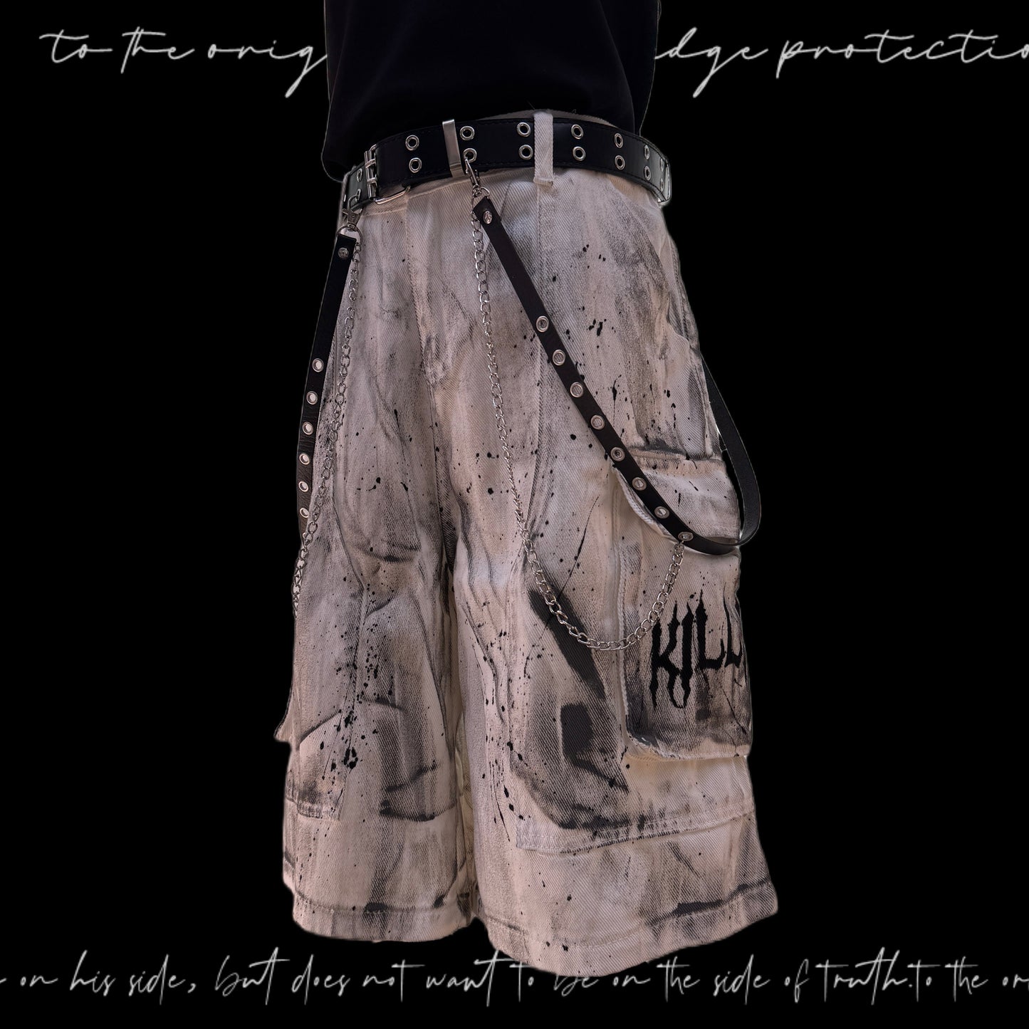 Paint Pocket Denim Cargo Denim Half Jeans & Skull Belt & Cross Belt & Belt Chain WN23797