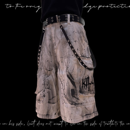 Paint Pocket Denim Cargo Denim Half Jeans & Skull Belt & Cross Belt & Belt Chain WN23797