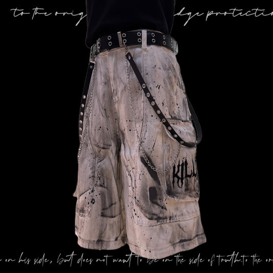 Paint Pocket Denim Cargo Denim Half Jeans & Skull Belt & Cross Belt & Belt Chain WN23797