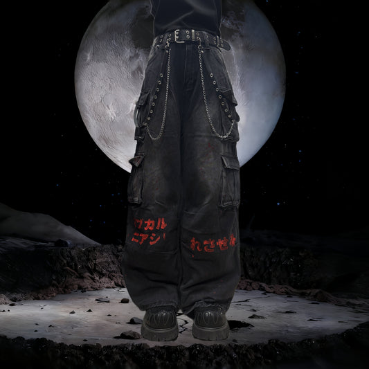 Multi-Pocket Wide Leg Cargo Denim Jeans & Skull Belt & Belt Chain WN23804