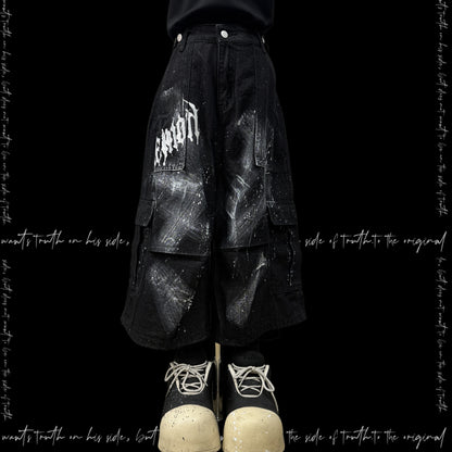 Cropped Paint Graffiti Cargo Wide Leg Denim Jeans & Skull Belt & Cross Belt & Belt Chain WN23810