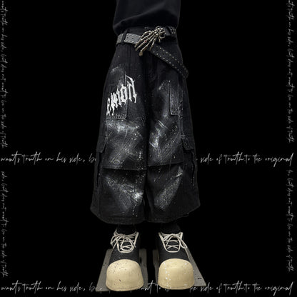 Cropped Paint Graffiti Cargo Wide Leg Denim Jeans & Skull Belt & Cross Belt & Belt Chain WN23810