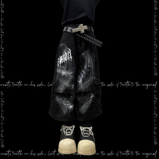 Cropped Paint Graffiti Cargo Wide Leg Denim Jeans & Skull Belt & Cross Belt & Belt Chain WN23810