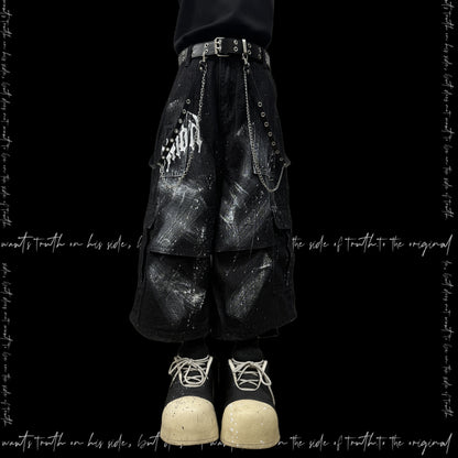 Cropped Paint Graffiti Cargo Wide Leg Denim Jeans & Skull Belt & Cross Belt & Belt Chain WN23810