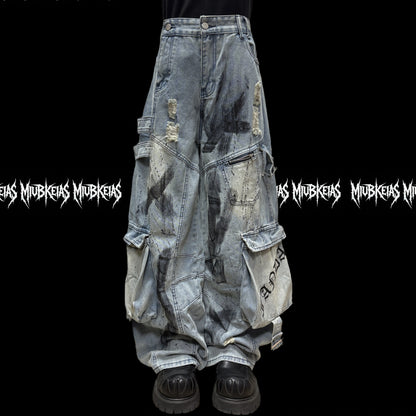 Paint Splash Damage Cargo Wide Leg Denim Jeans & Skull Belt & Belt Chain WN23817