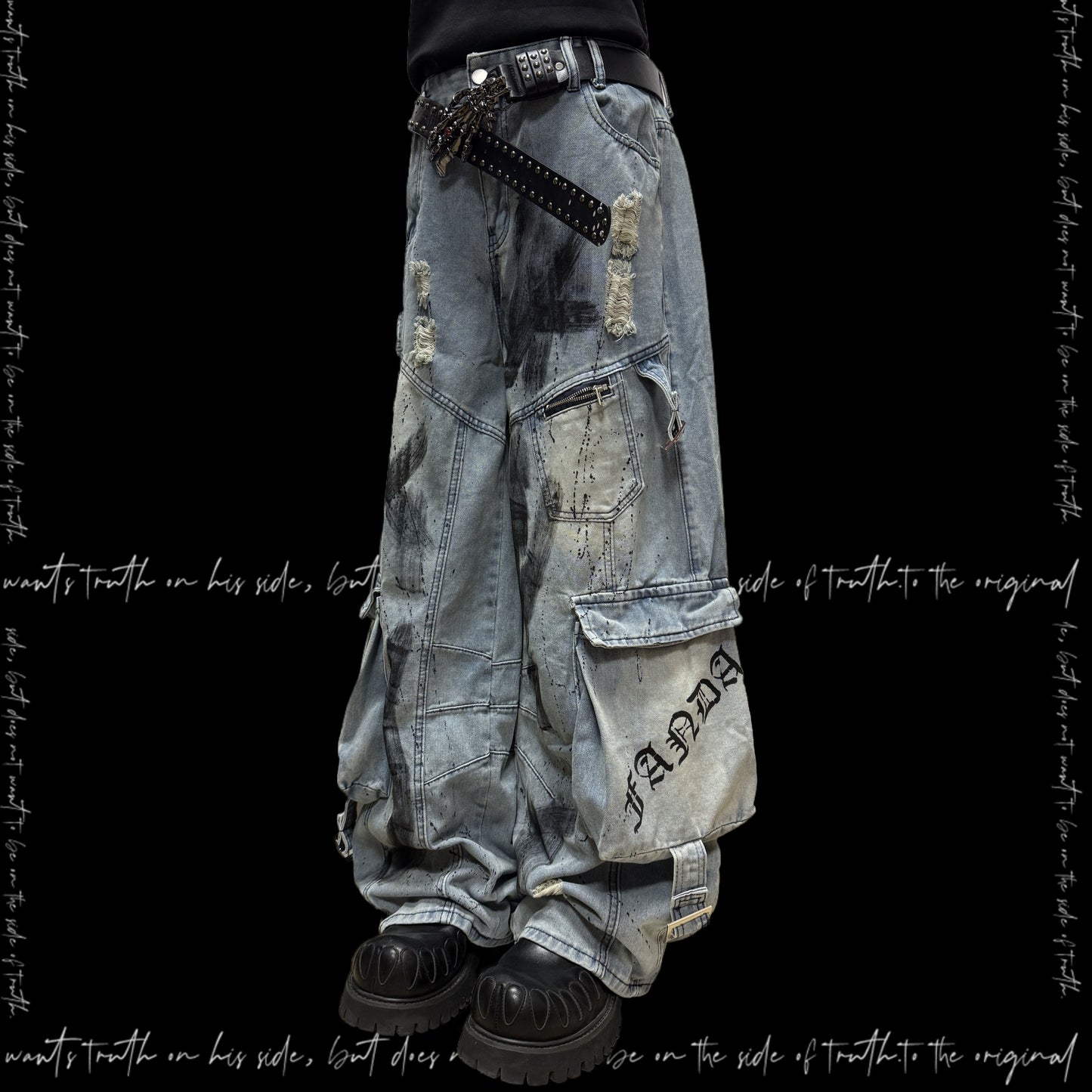 Paint Splash Damage Cargo Wide Leg Denim Jeans & Skull Belt & Belt Chain WN23817