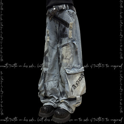 Paint Splash Damage Cargo Wide Leg Denim Jeans & Skull Belt & Belt Chain WN23817