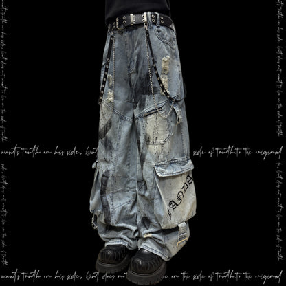 Paint Splash Damage Cargo Wide Leg Denim Jeans & Skull Belt & Belt Chain WN23817