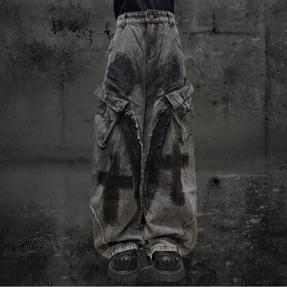 Paint Damage Cargo Wide Leg Denim Jeans & Skull Belt & Belt Chain WN23824