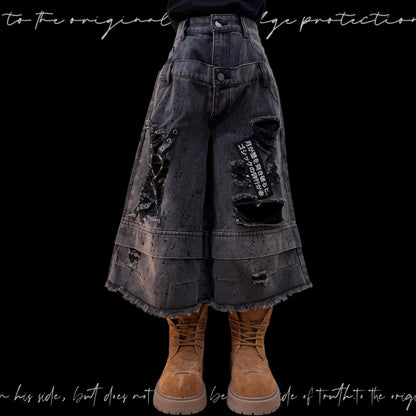 Damage Cutout Raw Hem Wide Leg Denim Jeans & Skull Belt & Cross Belt & Belt Chain WN23828
