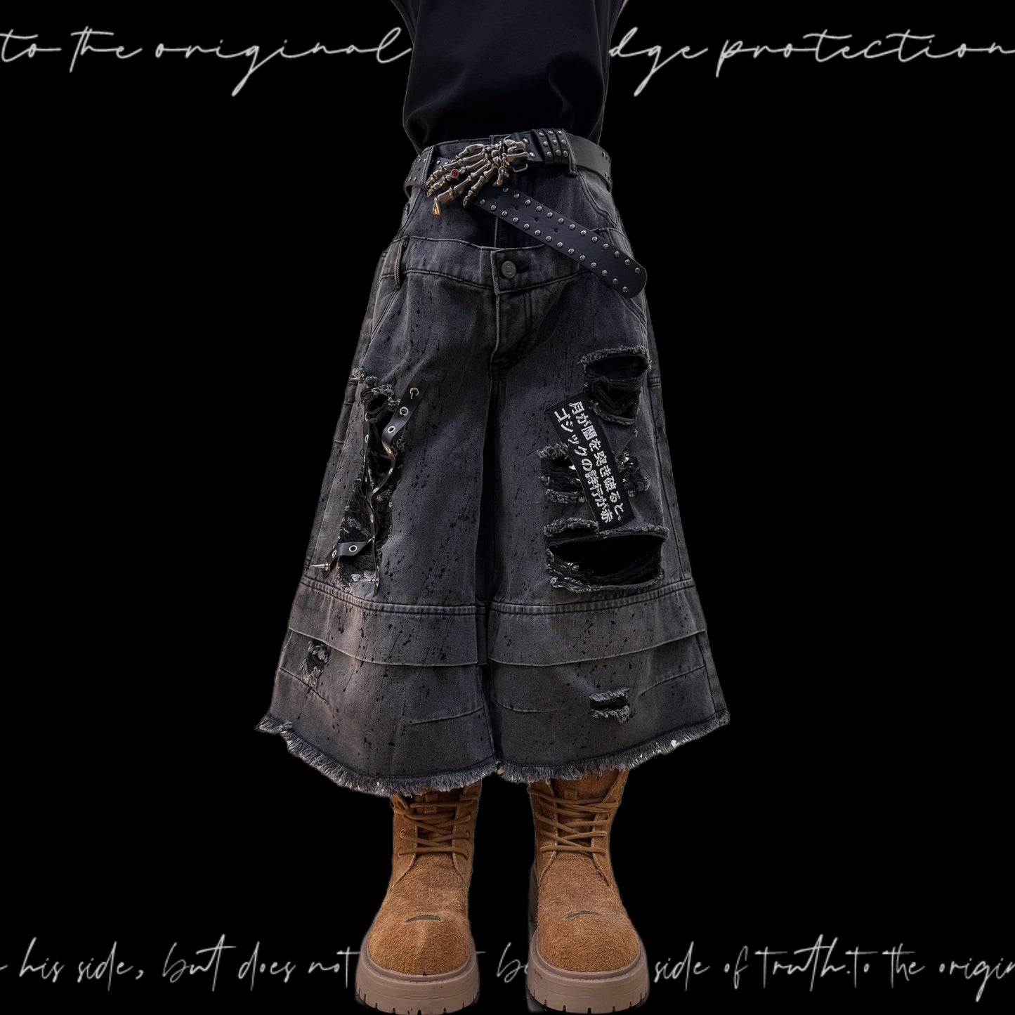 Damage Cutout Raw Hem Wide Leg Denim Jeans & Skull Belt & Cross Belt & Belt Chain WN23828