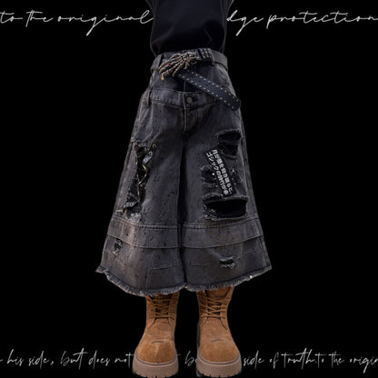 Damage Cutout Raw Hem Wide Leg Denim Jeans & Skull Belt & Cross Belt & Belt Chain WN23828