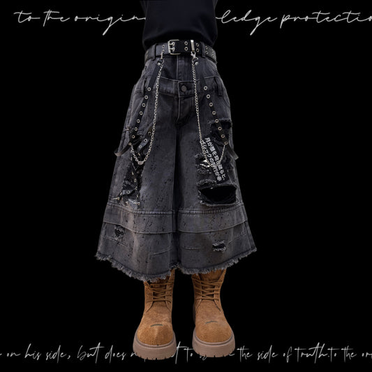 Damage Cutout Raw Hem Wide Leg Denim Jeans & Skull Belt & Cross Belt & Belt Chain WN23828