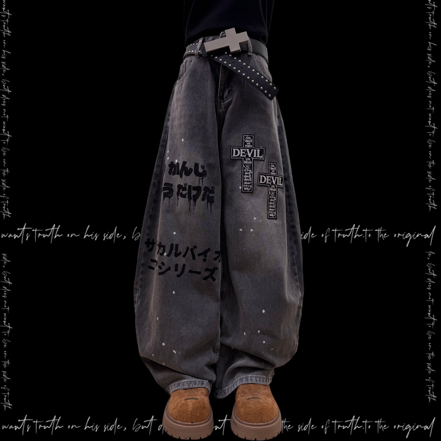 Graffiti Chain Strap Wide Leg Denim Jeans & Skull Belt & Cross Belt & Belt Chain WN23831