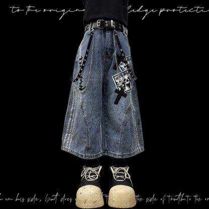 Cropped Paint Stripe Patch Wide Leg Denim Jeans & Skull Belt & Cross Belt & Belt Chain WN23833